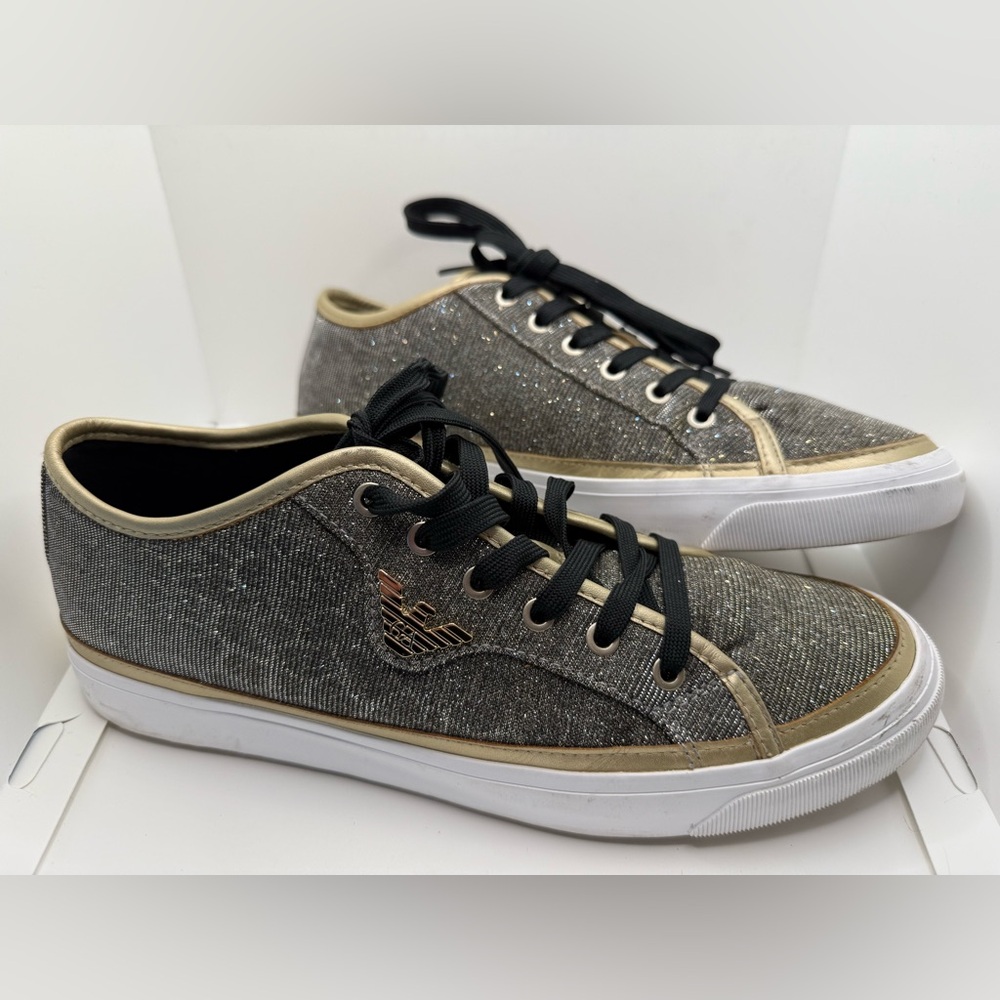 Emporio Armani Glitter Shoes Sneaker Black Gold X3X054 XL487 US9M UK7 PREOWNED